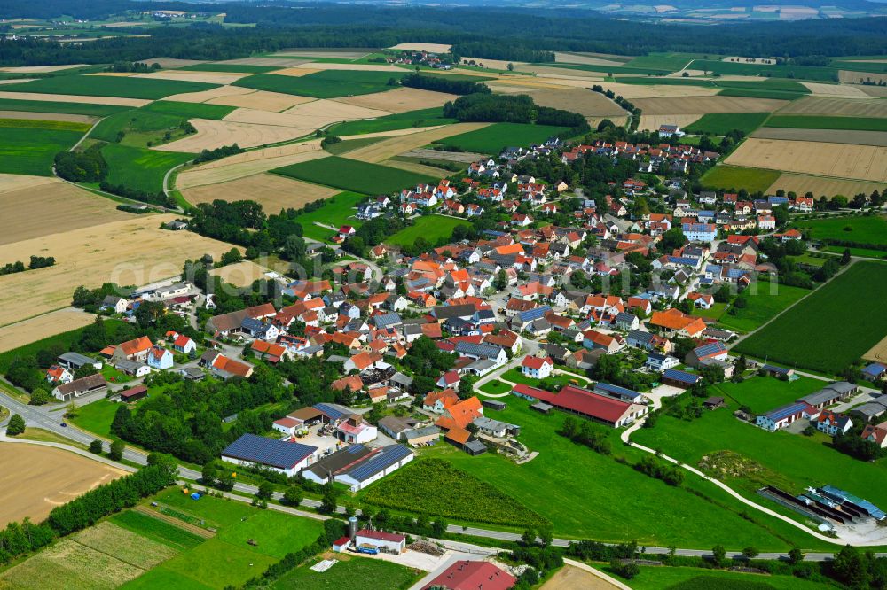 Aerial image Ehingen am Ries - Village view on the edge of agricultural fields and land on street Hauptstrasse in Ehingen am Ries in the state Bavaria, Germany