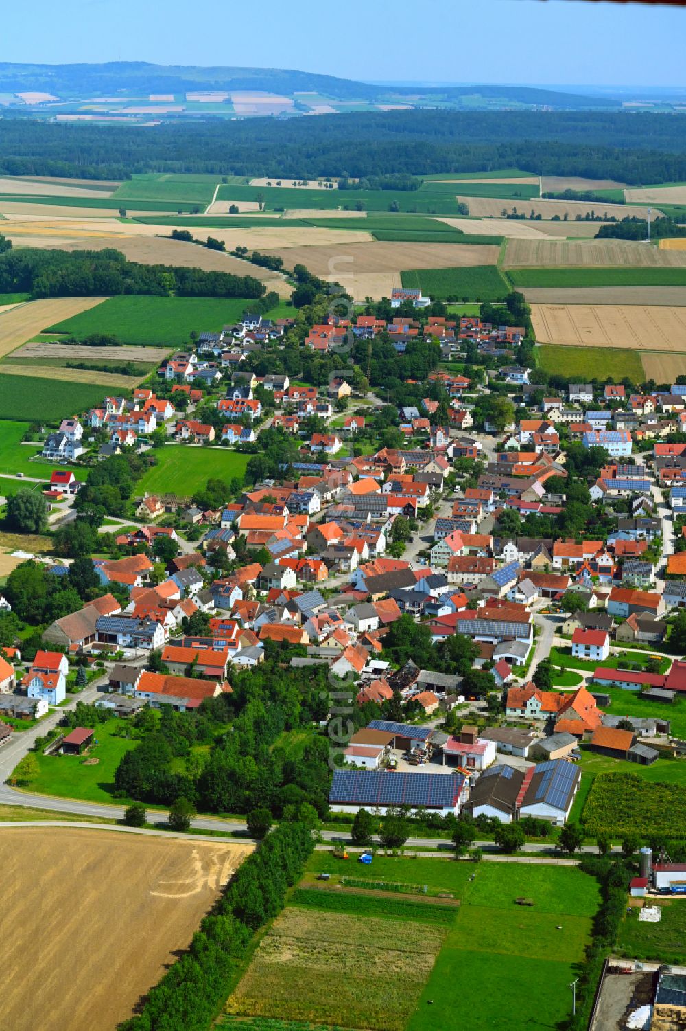 Ehingen am Ries from above - Village view on the edge of agricultural fields and land on street Hauptstrasse in Ehingen am Ries in the state Bavaria, Germany