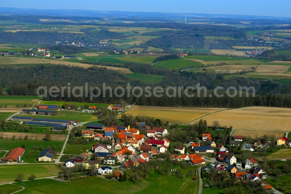 Eichach from the bird's eye view: Village view on the edge of agricultural fields and land in Eichach in the state Baden-Wurttemberg, Germany