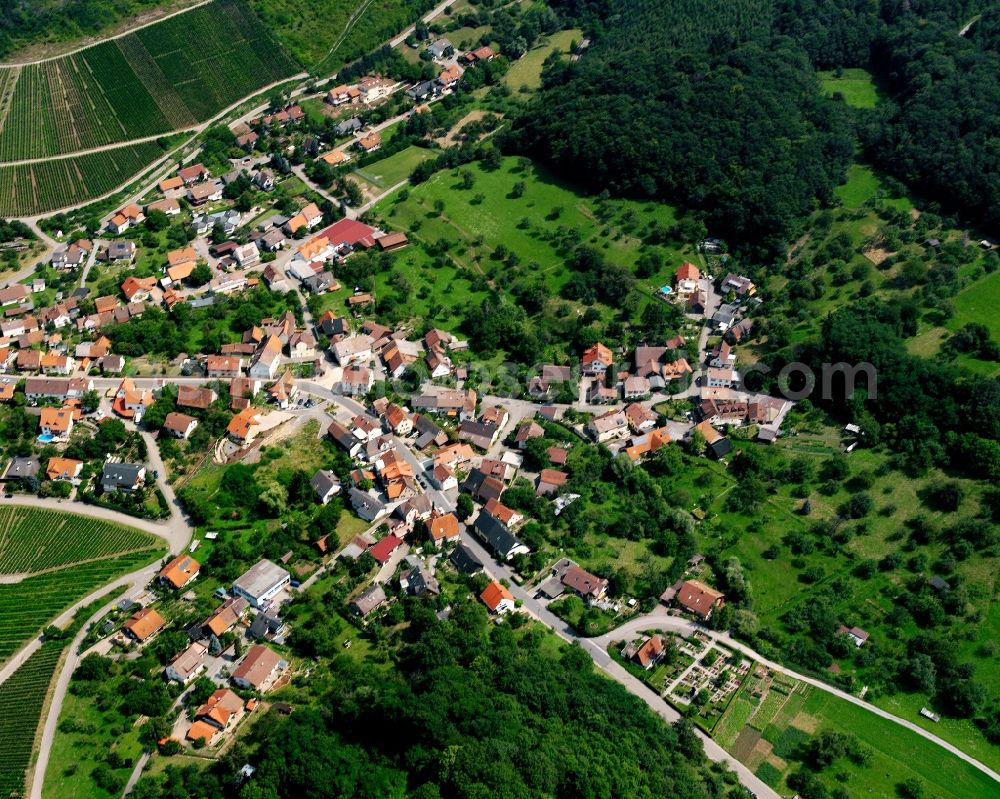 Eichelberg from above - Village view on the edge of agricultural fields and land in Eichelberg in the state Baden-Wuerttemberg, Germany