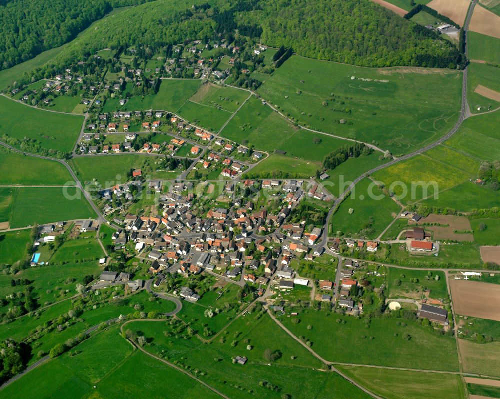 Einartshausen from the bird's eye view: Village view on the edge of agricultural fields and land in Einartshausen in the state Hesse, Germany