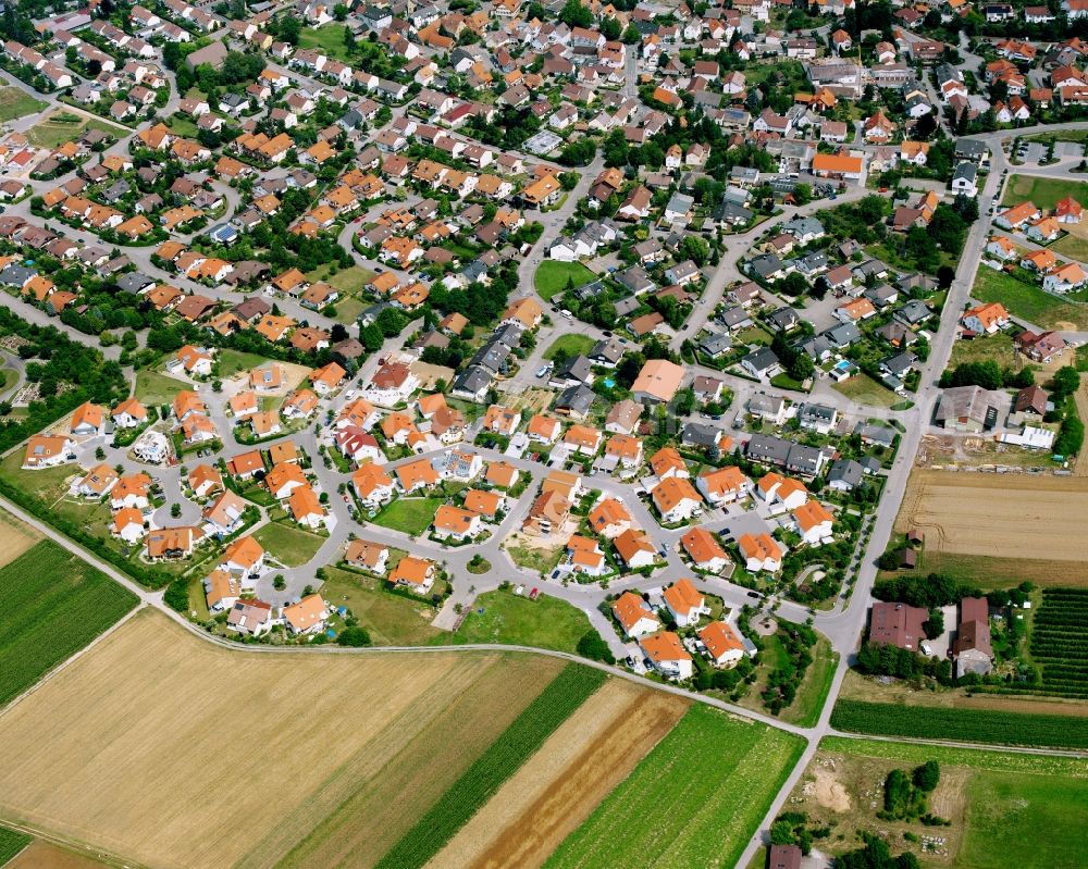 Ellhofen from above - Village view on the edge of agricultural fields and land in Ellhofen in the state Baden-Wuerttemberg, Germany