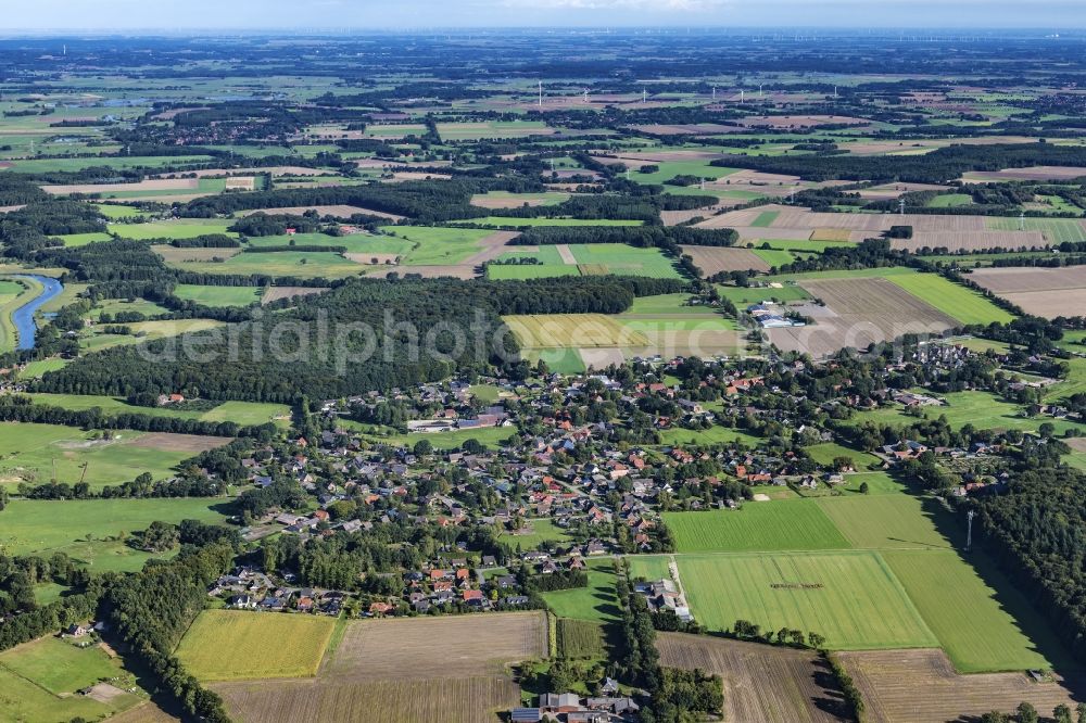 Elm from above - Village view on the edge of agricultural fields and land in Elm in the state Lower Saxony, Germany