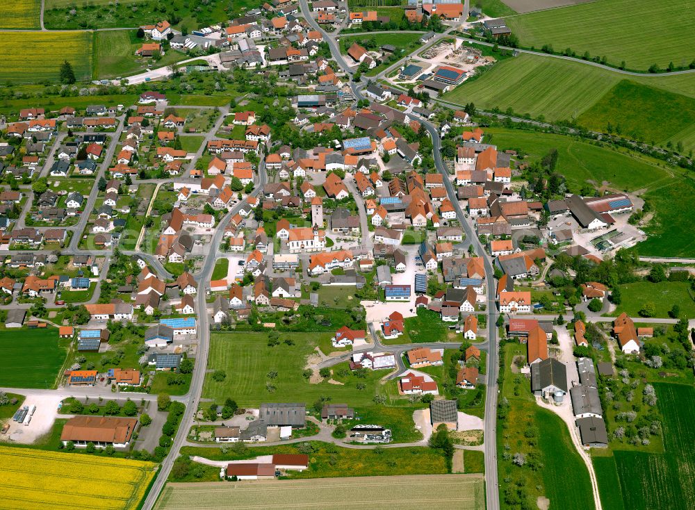 Emerkingen from above - Village view on the edge of agricultural fields and land in Emerkingen in the state Baden-Wuerttemberg, Germany