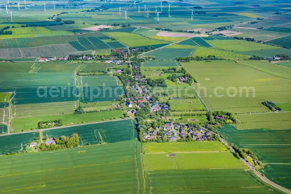 Emmelsbüll from above - Village view on the edge of agricultural fields and land on street Dorfstrasse in Emmelsbuell in the state Schleswig-Holstein, Germany