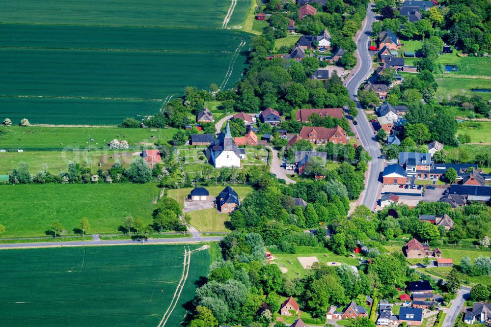 Emmelsbüll from above - Village view on the edge of agricultural fields and land on street Dorfstrasse in Emmelsbuell in the state Schleswig-Holstein, Germany