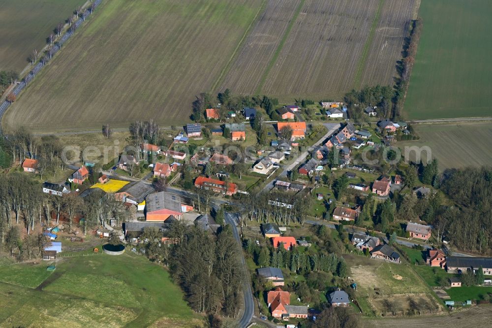 Aerial image Eimke - Village view on the edge of agricultural fields and land along the Brockhoefer Strasse in Eimke in the state Lower Saxony, Germany