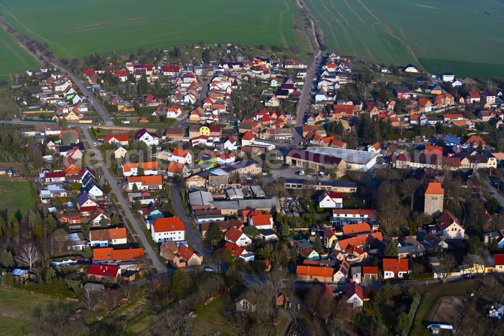 Erdeborn from above - Village view on the edge of agricultural fields and land in Erdeborn in the state Saxony-Anhalt, Germany