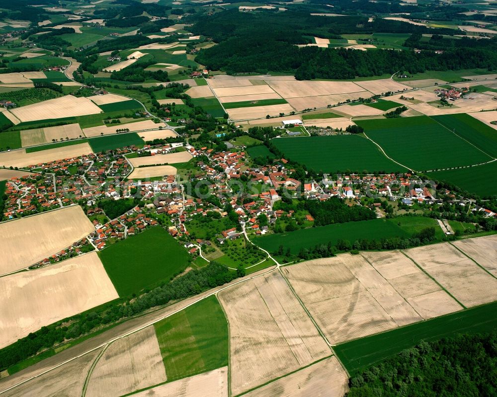 Ering from the bird's eye view: Village view on the edge of agricultural fields and land in Ering in the state Bavaria, Germany