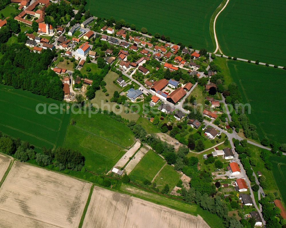 Aerial image Ering - Village view on the edge of agricultural fields and land in Ering in the state Bavaria, Germany