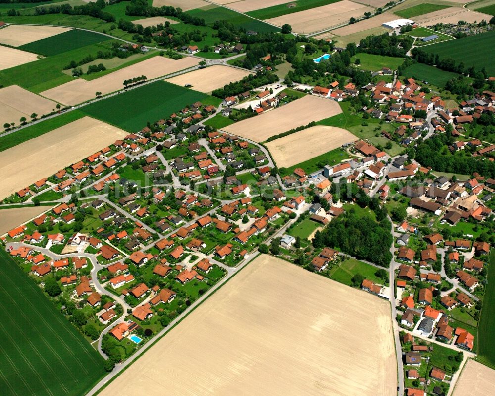 Ering from the bird's eye view: Village view on the edge of agricultural fields and land in Ering in the state Bavaria, Germany