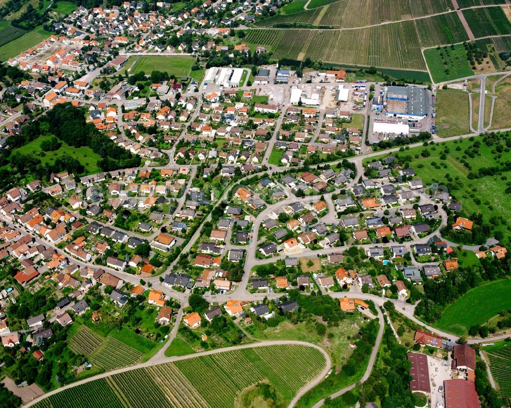 Eschenau from above - Village view on the edge of agricultural fields and land in Eschenau in the state Baden-Wuerttemberg, Germany