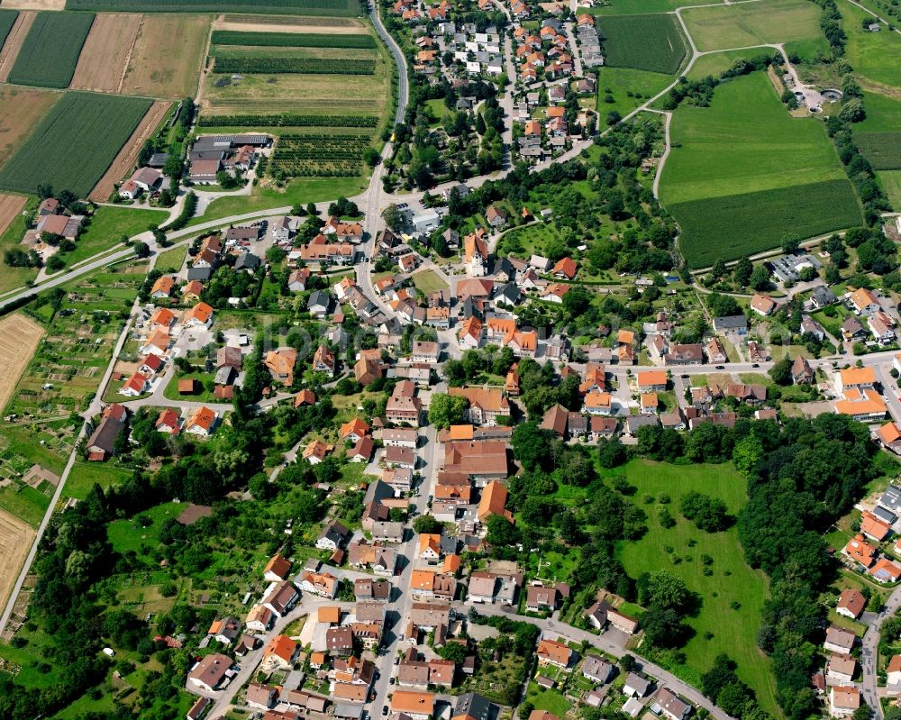 Eschenau from the bird's eye view: Village view on the edge of agricultural fields and land in Eschenau in the state Baden-Wuerttemberg, Germany