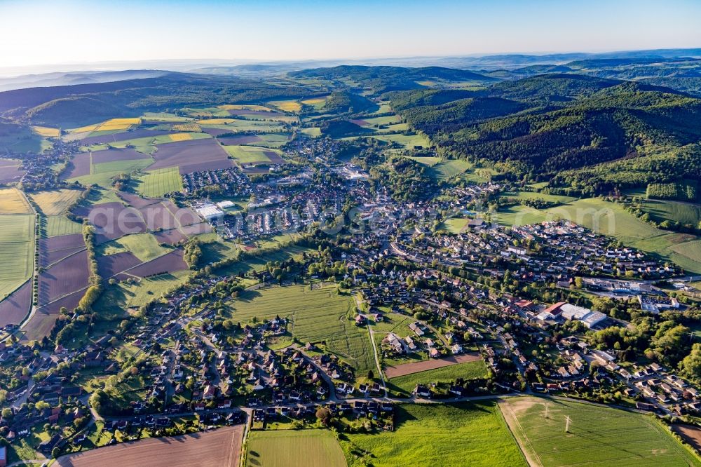 Aerial image Eschershausen - Village view on the edge of agricultural fields and land in Eschershausen in the state Lower Saxony, Germany