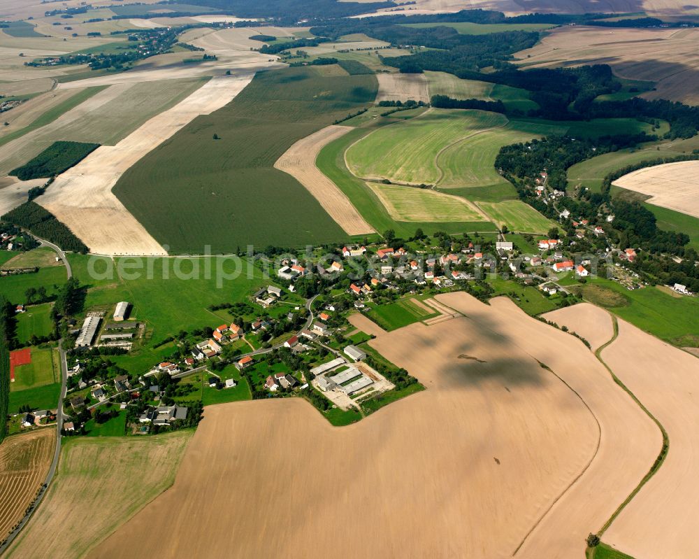 Falkenberg from above - Village view on the edge of agricultural fields and land in Falkenberg in the state Saxony, Germany