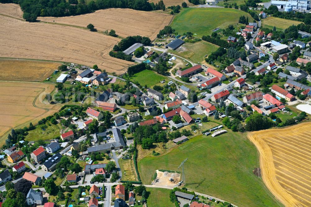 Feldschlößchen from above - Village view on the edge of agricultural fields and land in Feldschlößchen in the state Saxony, Germany