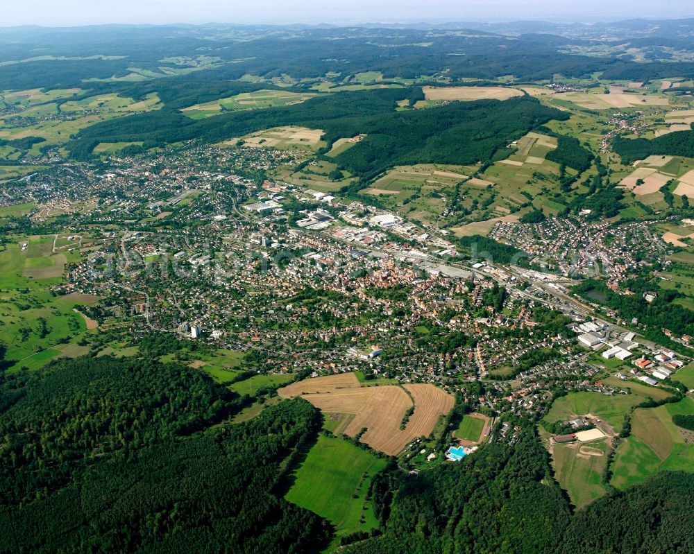 Felsenkeller from above - Village view on the edge of agricultural fields and land in Felsenkeller in the state Hesse, Germany