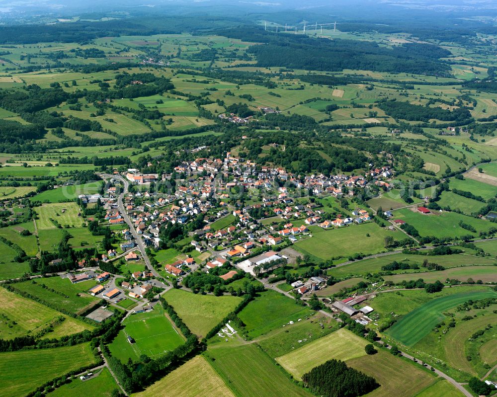 Aerial image Ferienpark Burgblick - Village view on the edge of agricultural fields and land in Ferienpark Burgblick in the state Hesse, Germany