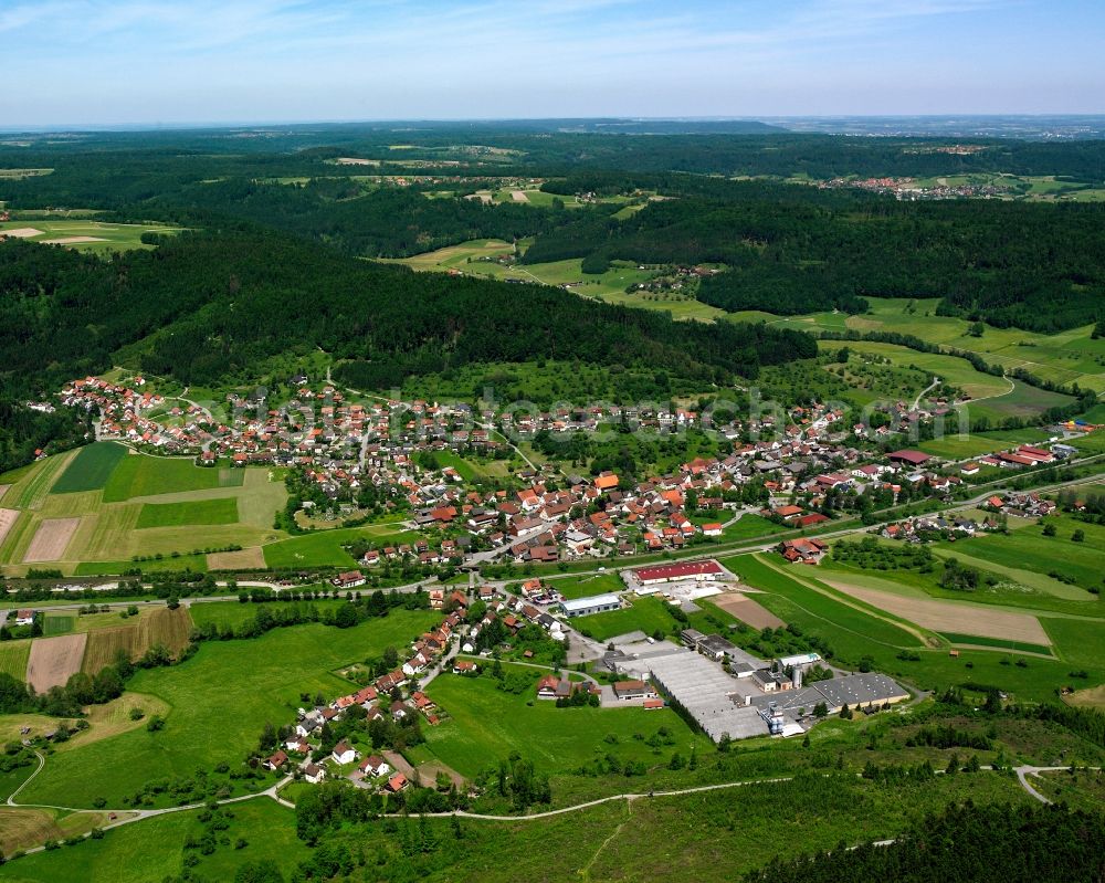 Fornsbach from above - Village view on the edge of agricultural fields and land in Fornsbach in the state Baden-Wuerttemberg, Germany