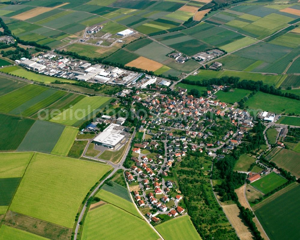 Frauenzimmern from above - Village view on the edge of agricultural fields and land in Frauenzimmern in the state Baden-Wuerttemberg, Germany