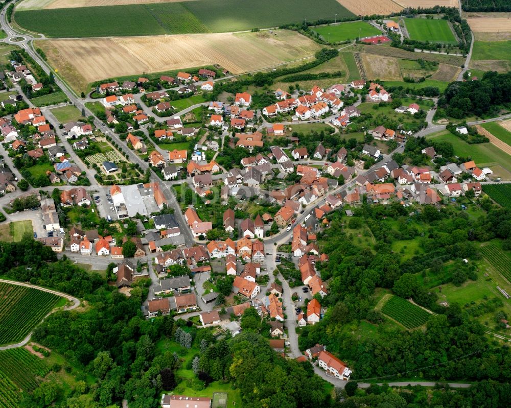 Aerial photograph Frauenzimmern - Village view on the edge of agricultural fields and land in Frauenzimmern in the state Baden-Wuerttemberg, Germany