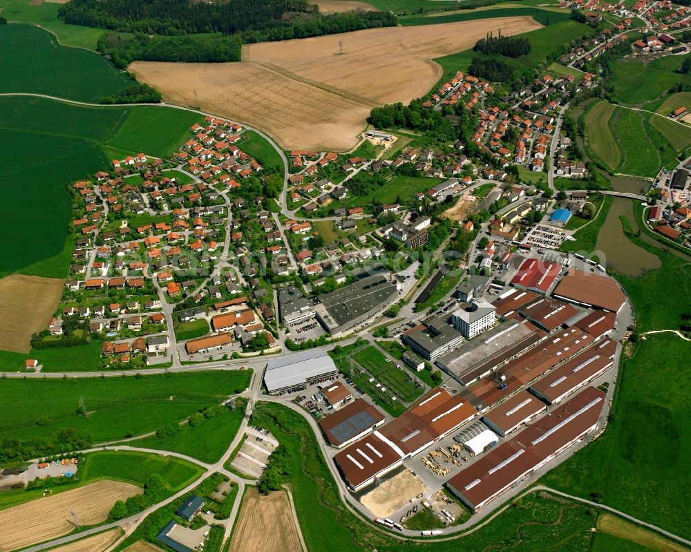 Freising from the bird's eye view: Village view on the edge of agricultural fields and land in Freising in the state Bavaria, Germany