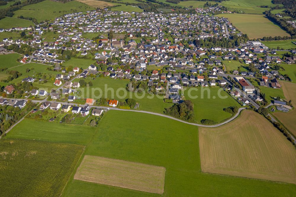 Garbeck from above - Village view on the edge of agricultural fields and land in Garbeck in the state North Rhine-Westphalia, Germany