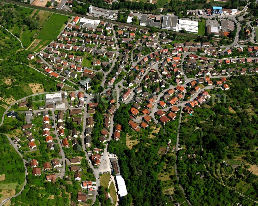 Geradstetten from above - Village view on the edge of agricultural fields and land in Geradstetten in the state Baden-Wuerttemberg, Germany