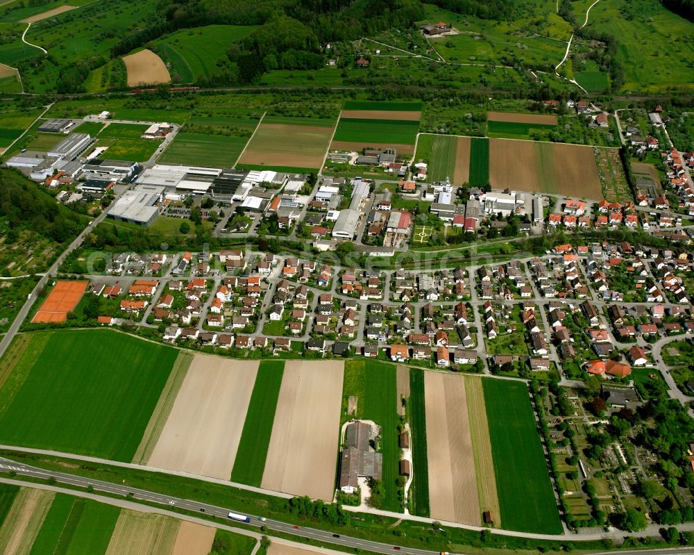 Gingen an der Fils from above - Village view on the edge of agricultural fields and land in Gingen an der Fils in the state Baden-Wuerttemberg, Germany