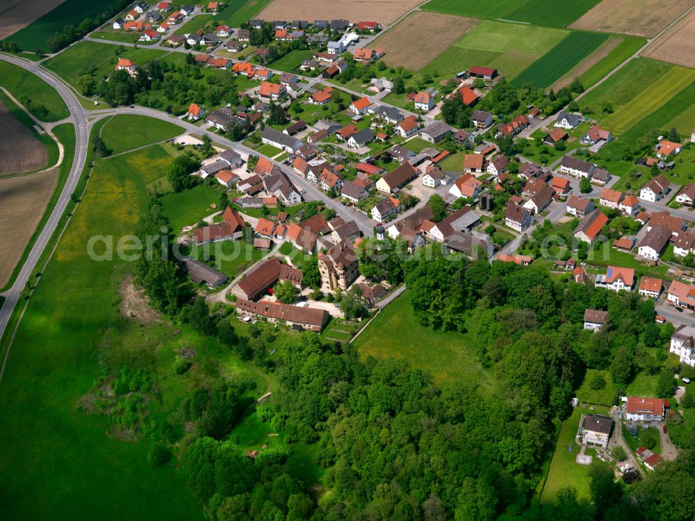 Grüningen from above - Village view on the edge of agricultural fields and land in Grüningen in the state Baden-Wuerttemberg, Germany