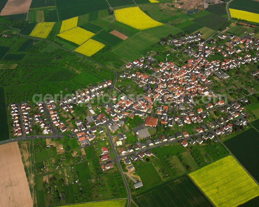 Grüningen from the bird's eye view: Village view on the edge of agricultural fields and land in Grüningen in the state Hesse, Germany