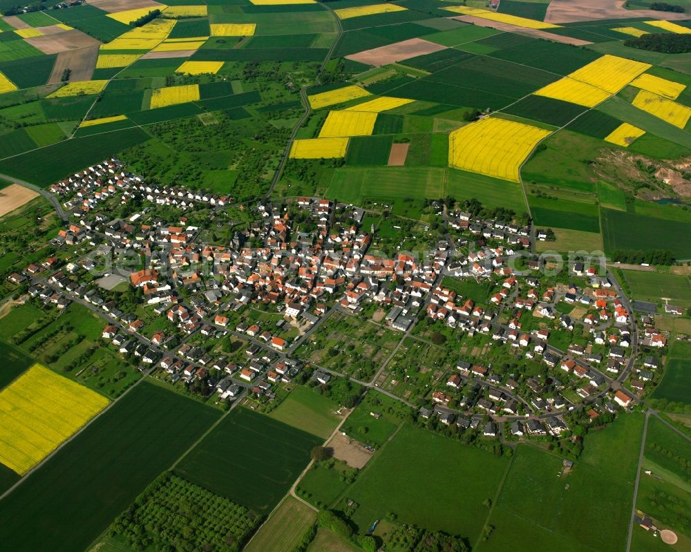 Aerial image Grüningen - Village view on the edge of agricultural fields and land in Grüningen in the state Hesse, Germany