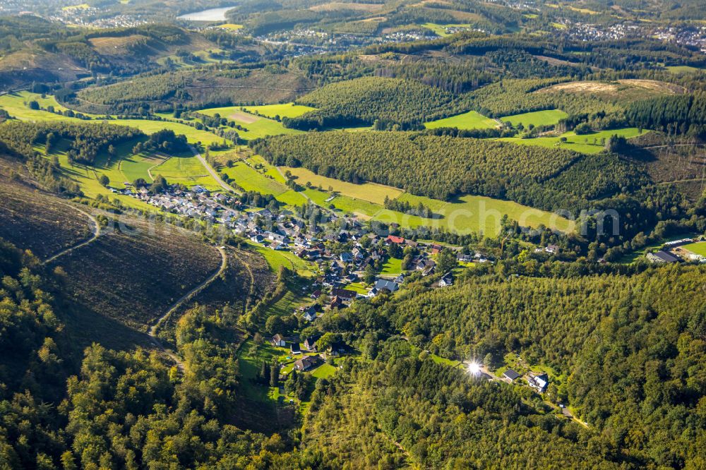 Grund from above - Village view on the edge of agricultural fields and land in Grund in the state North Rhine-Westphalia, Germany