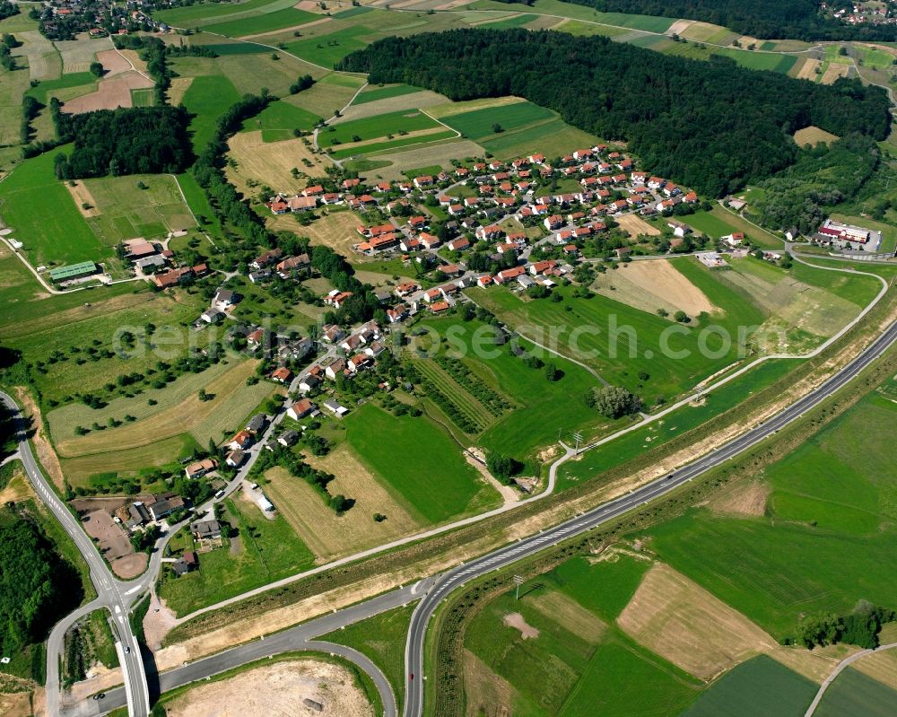 Aerial image Grunholz - Village view on the edge of agricultural fields and land in Grunholz in the state Baden-Wuerttemberg, Germany