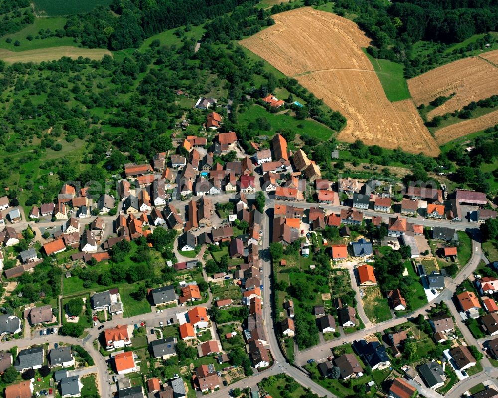 Gundelsheim from above - Village view on the edge of agricultural fields and land in Gundelsheim in the state Baden-Wuerttemberg, Germany