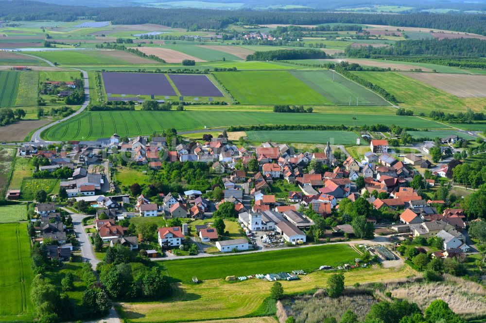 Hafenpreppach from the bird's eye view: Village view on the edge of agricultural fields and land in Hafenpreppach in the state Bavaria, Germany