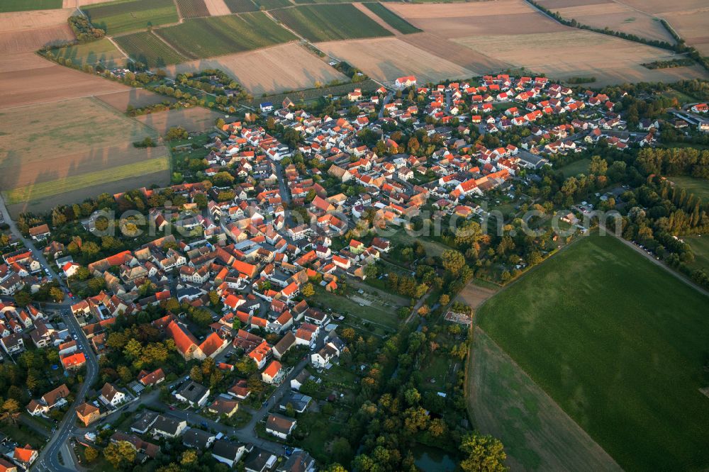 Aerial image Hahnheim - Village view on the edge of agricultural fields and land in Hahnheim in the state Rhineland-Palatinate, Germany