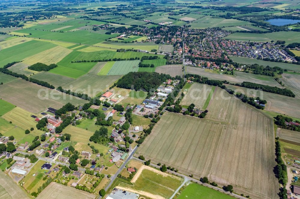 Hammah from the bird's eye view: Village view on the edge of agricultural fields and land in Hammah in the state Lower Saxony, Germany