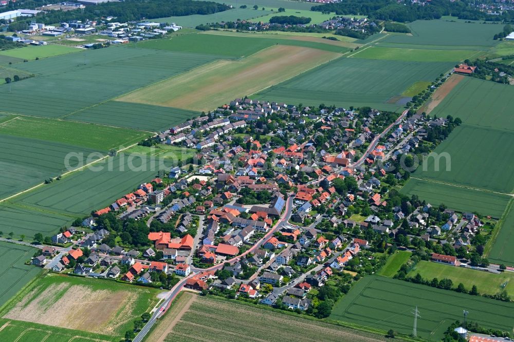 Harenberg from above - Village view on the edge of agricultural fields and land in Harenberg in the state Lower Saxony, Germany