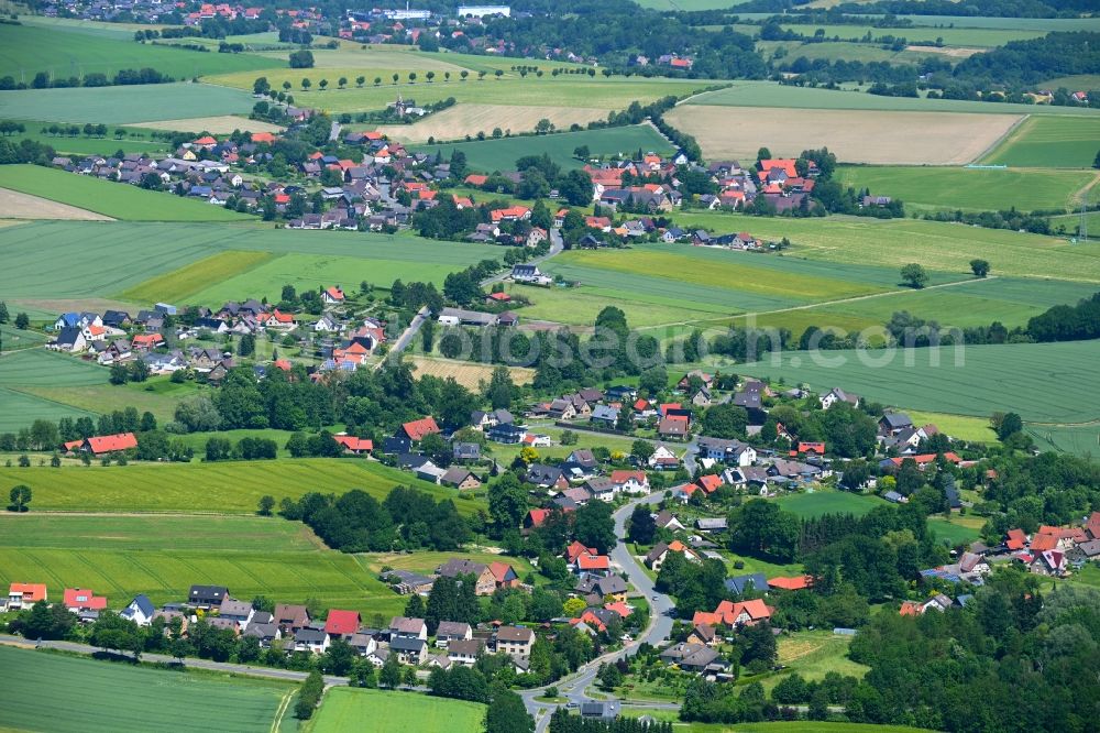 Harkemissen from the bird's eye view: Village view on the edge of agricultural fields and land in Harkemissen in the state North Rhine-Westphalia, Germany