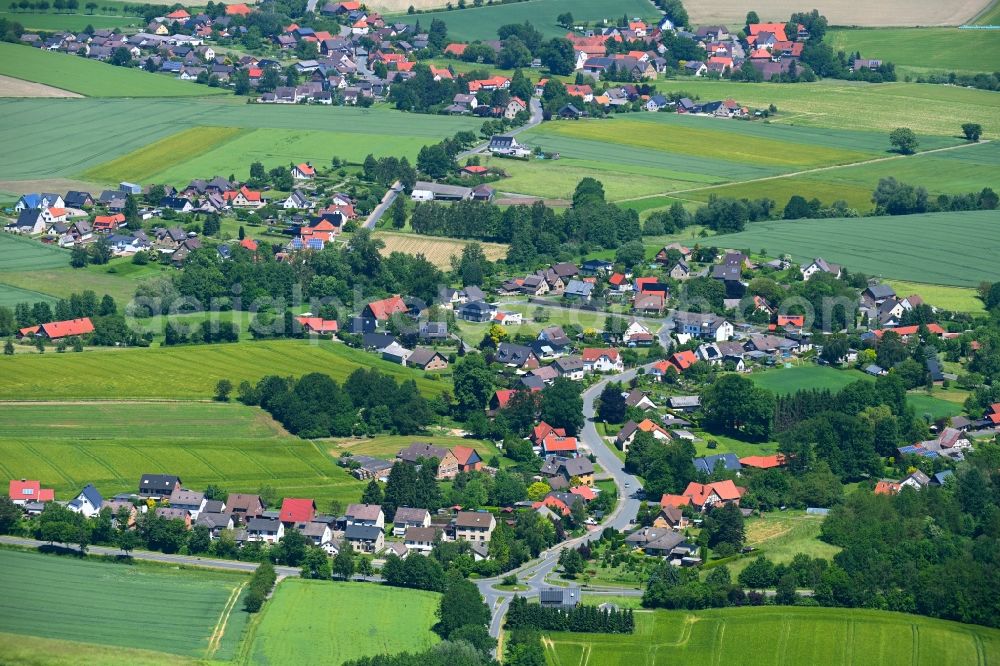 Aerial image Harkemissen - Village view on the edge of agricultural fields and land in Harkemissen in the state North Rhine-Westphalia, Germany