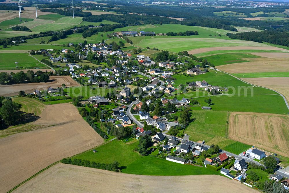 Hartmannsgrün from above - Village view on the edge of agricultural fields and land in Hartmannsgrün in the state Saxony, Germany