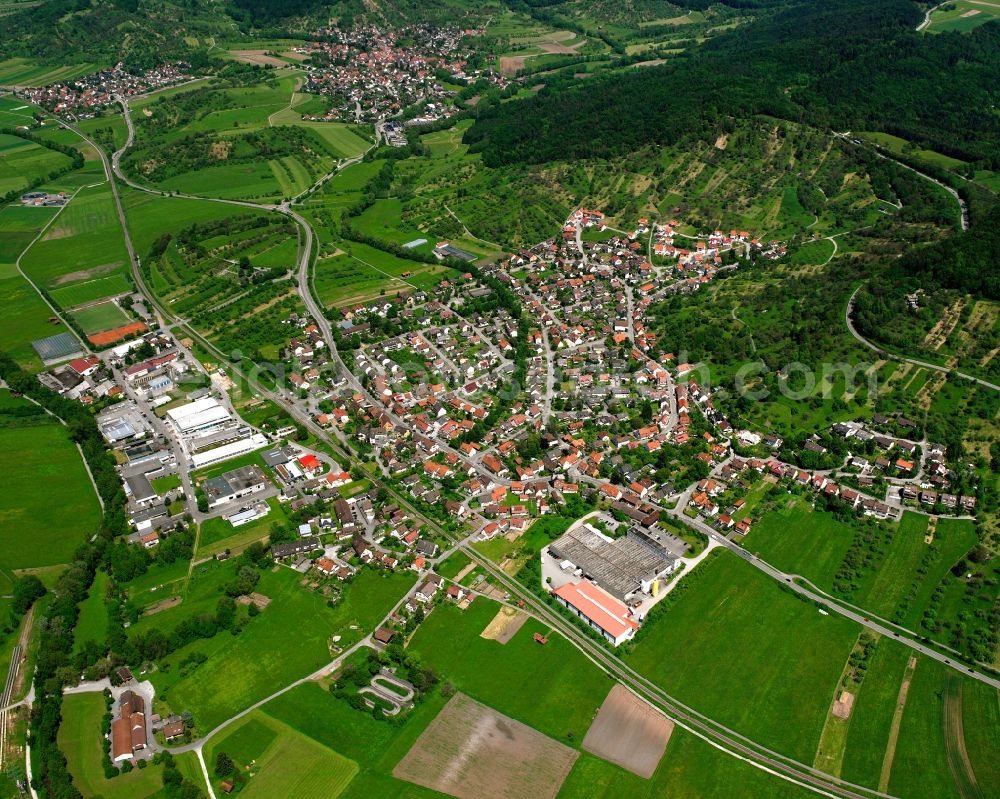 Haubersbronn from above - Village view on the edge of agricultural fields and land in Haubersbronn in the state Baden-Wuerttemberg, Germany