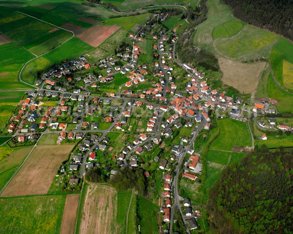 Heenes from above - Village view on the edge of agricultural fields and land in Heenes in the state Hesse, Germany