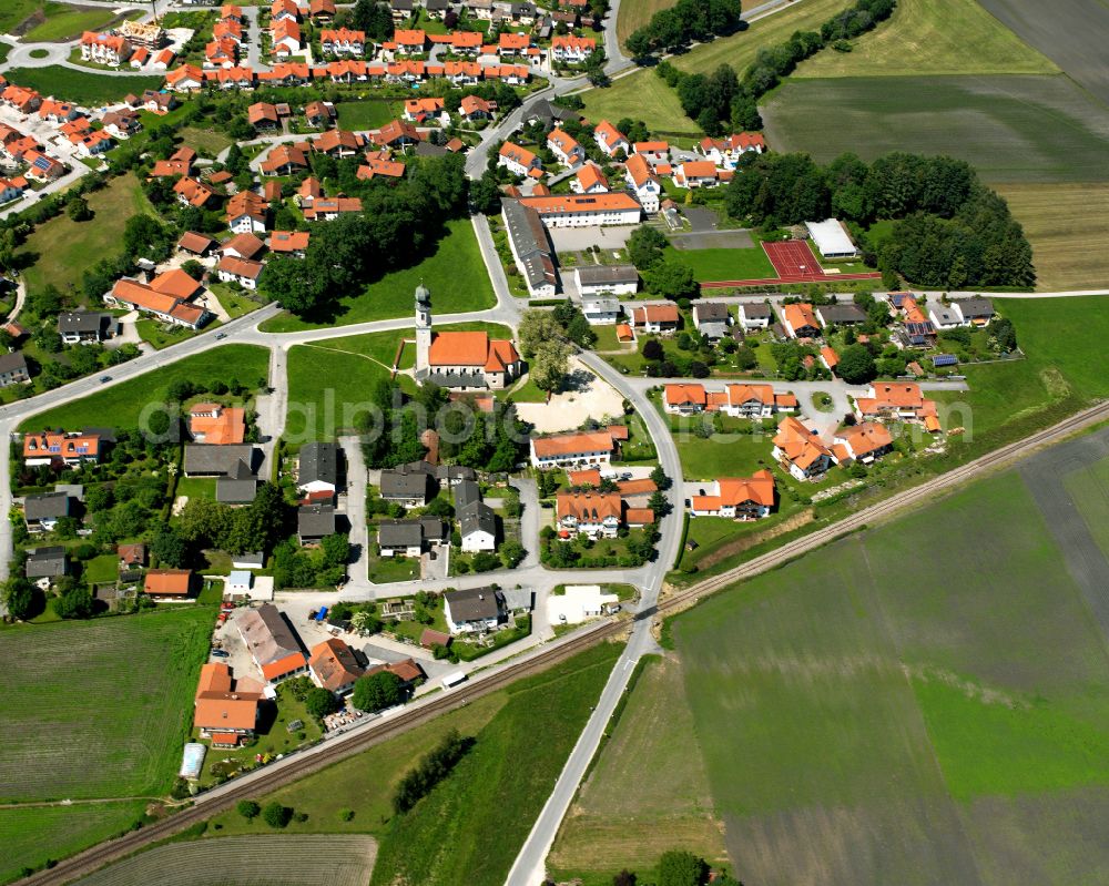 Heiligenstatt from above - Village view on the edge of agricultural fields and land in Heiligenstatt in the state Bavaria, Germany