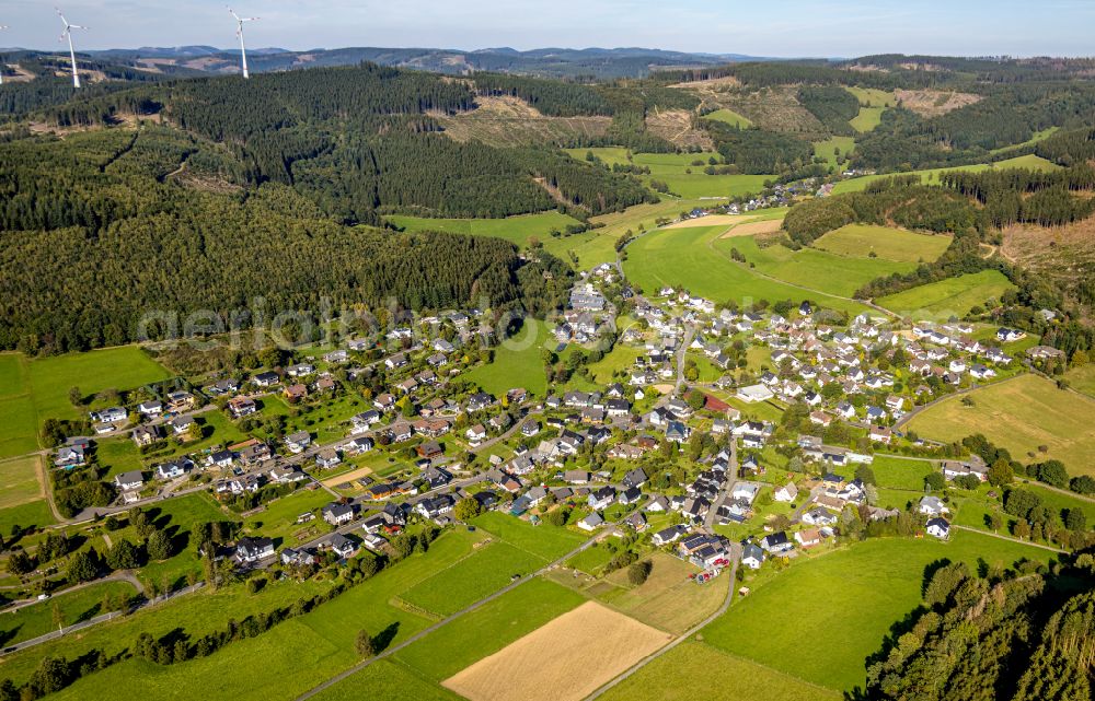 Aerial image Helberhausen - Village view on the edge of agricultural fields and land in Helberhausen in the state North Rhine-Westphalia, Germany