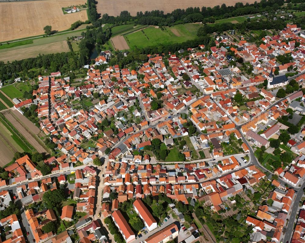 Herbsleben from above - Village view on the edge of agricultural fields and land in Herbsleben in the state Thuringia, Germany