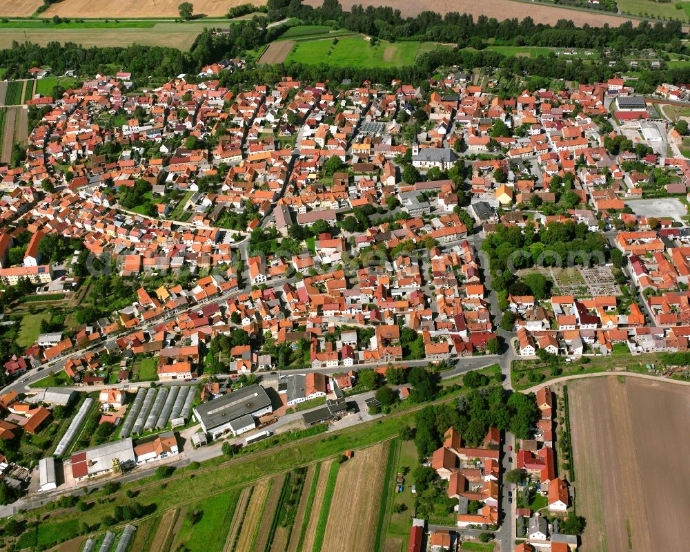 Aerial image Herbsleben - Village view on the edge of agricultural fields and land in Herbsleben in the state Thuringia, Germany