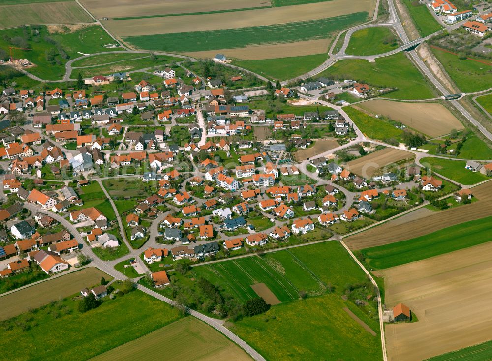 Heroldstatt from above - Village view on the edge of agricultural fields and land in Heroldstatt in the state Baden-Wuerttemberg, Germany