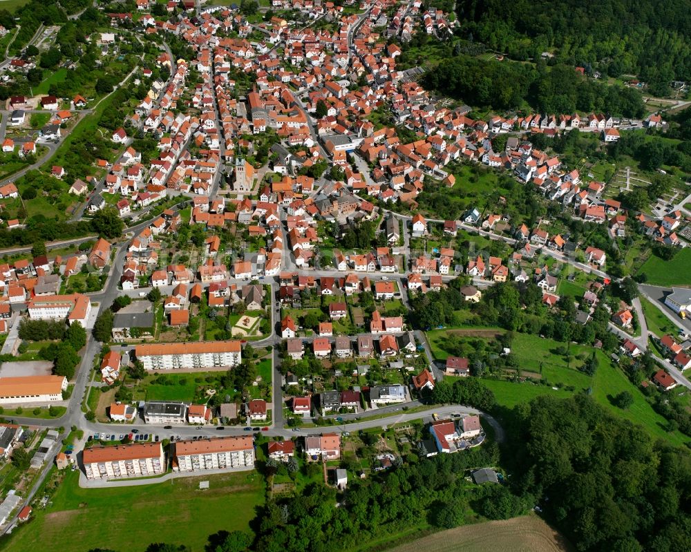 Heyerode from above - Village view on the edge of agricultural fields and land in Heyerode in the state Thuringia, Germany